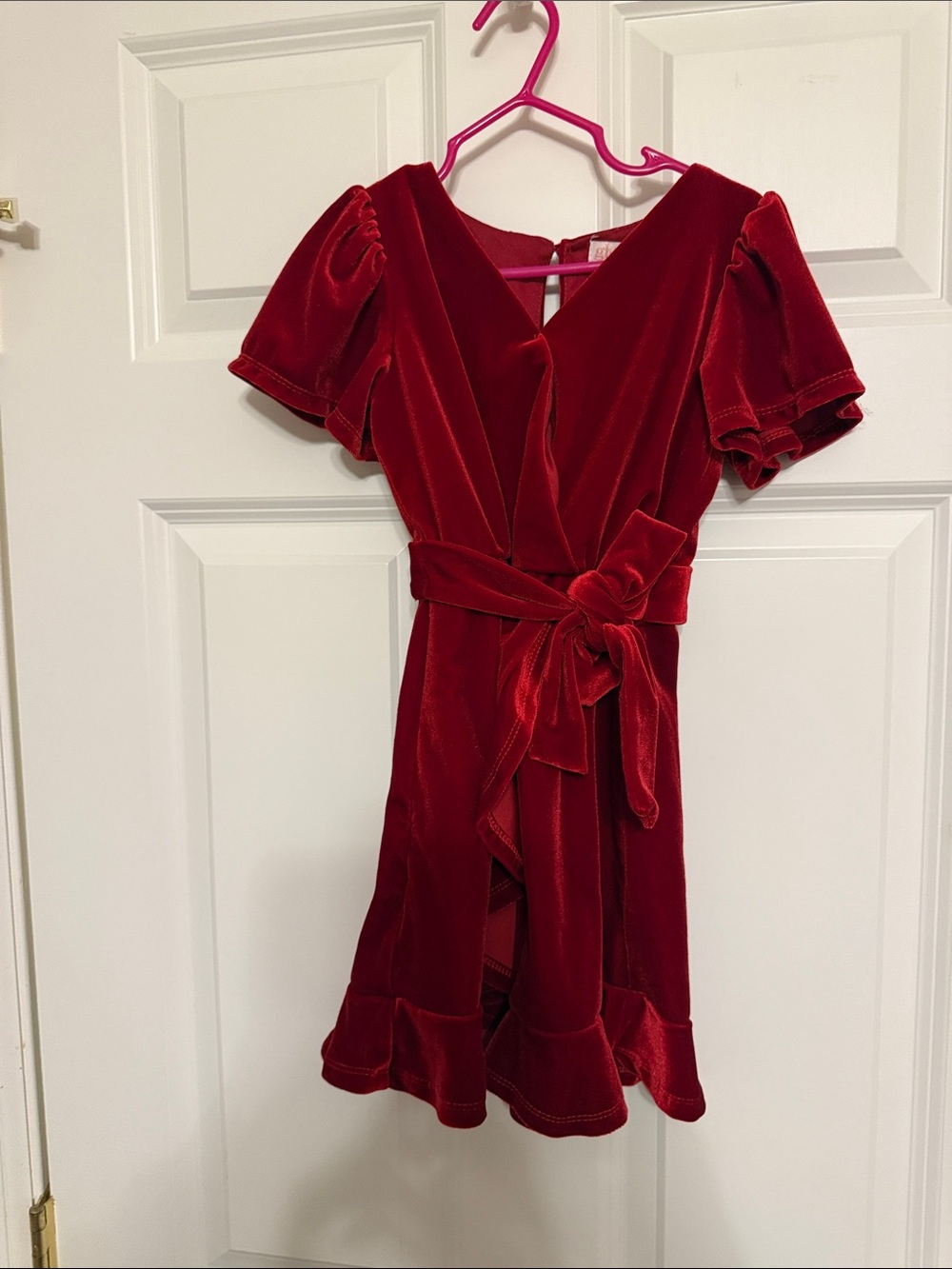 GB girls Red Velvet Wrap Dress with Puff Sleeves